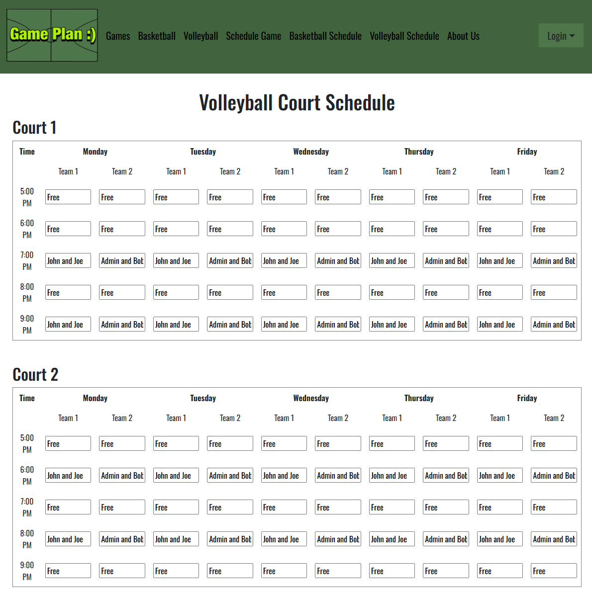 All days schedule page